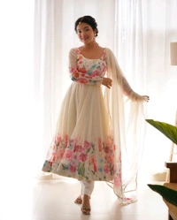 SOFT ORGANJA SILK FABRIC FULLY FLAIR KALI PATTERN AND CANVAS PATTA WITH DUPPTA SET• NKB-25 - White, M
