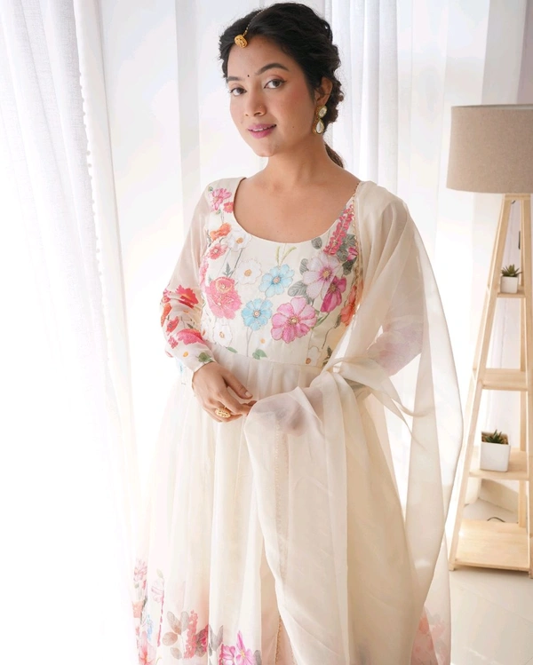 SOFT ORGANJA SILK FABRIC FULLY FLAIR KALI PATTERN AND CANVAS PATTA WITH DUPPTA SET• NKB-25 - White, M