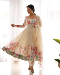 SOFT ORGANJA SILK FABRIC FULLY FLAIR KALI PATTERN AND CANVAS PATTA WITH DUPPTA SET• NKB-25 - White, M