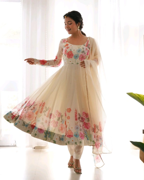 SOFT ORGANJA SILK FABRIC FULLY FLAIR KALI PATTERN AND CANVAS PATTA WITH DUPPTA SET• NKB-25 - White, M