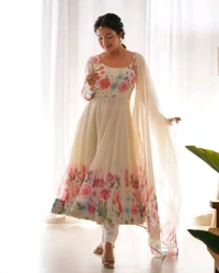SOFT ORGANJA SILK FABRIC FULLY FLAIR KALI PATTERN AND CANVAS PATTA WITH DUPPTA SET• NKB-25 - White, M