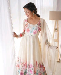 SOFT ORGANJA SILK FABRIC FULLY FLAIR KALI PATTERN AND CANVAS PATTA WITH DUPPTA SET• NKB-25 - White, L