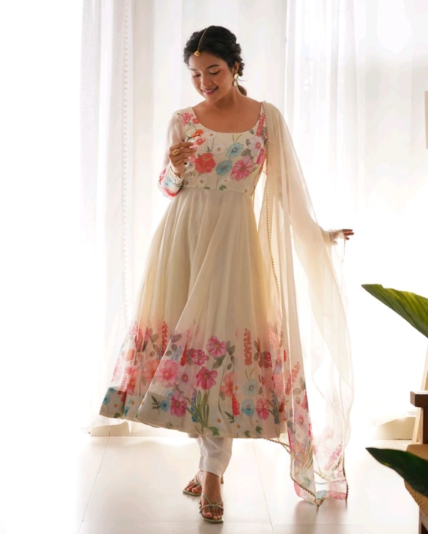 SOFT ORGANJA SILK FABRIC FULLY FLAIR KALI PATTERN AND CANVAS PATTA WITH DUPPTA SET• NKB-25 - White, XXL