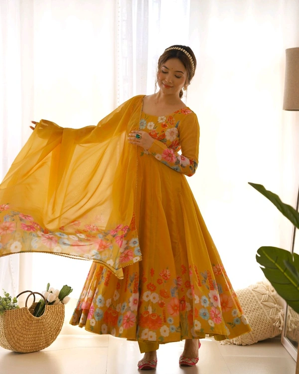SOFT ORGANJA SILK FABRIC FULLY FLAIR KALI PATTERN AND CANVAS PATTA WITH DUPPTA SET• NKB-25 - Yellow, L