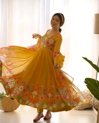 SOFT ORGANJA SILK FABRIC FULLY FLAIR KALI PATTERN AND CANVAS PATTA WITH DUPPTA SET• NKB-25 - Yellow, L