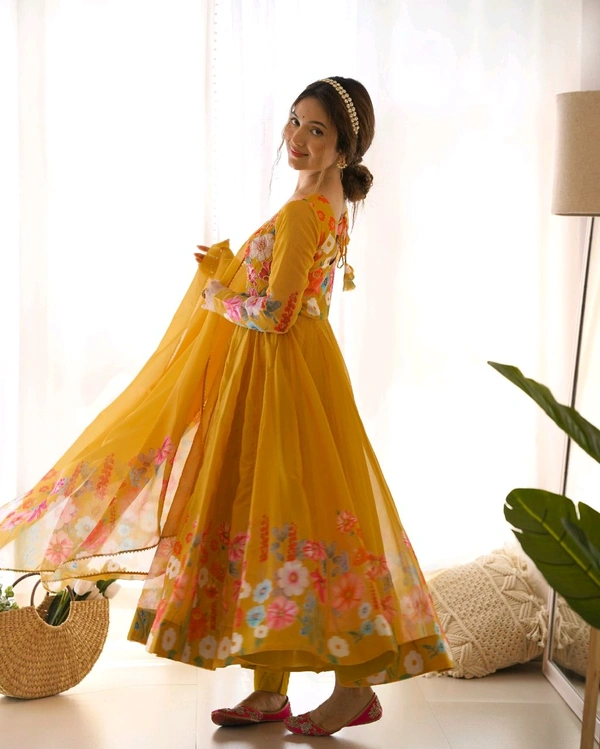 SOFT ORGANJA SILK FABRIC FULLY FLAIR KALI PATTERN AND CANVAS PATTA WITH DUPPTA SET• NKB-25 - Yellow, L