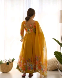 SOFT ORGANJA SILK FABRIC FULLY FLAIR KALI PATTERN AND CANVAS PATTA WITH DUPPTA SET• NKB-25 - Yellow, XL