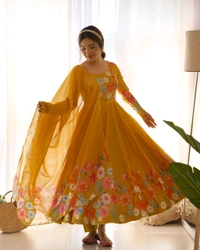 SOFT ORGANJA SILK FABRIC FULLY FLAIR KALI PATTERN AND CANVAS PATTA WITH DUPPTA SET• NKB-25 - Yellow, XL