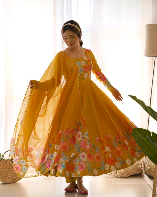 SOFT ORGANJA SILK FABRIC FULLY FLAIR KALI PATTERN AND CANVAS PATTA WITH DUPPTA SET• NKB-25 - Yellow, XL