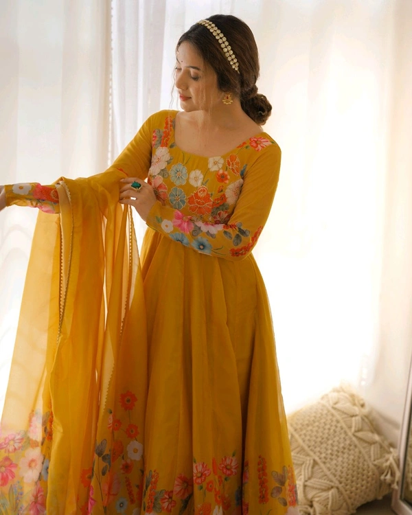 SOFT ORGANJA SILK FABRIC FULLY FLAIR KALI PATTERN AND CANVAS PATTA WITH DUPPTA SET• NKB-25 - Yellow, XXL