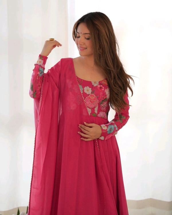 SOFT ORGANJA SILK FABRIC FULLY FLAIR KALI PATTERN AND CANVAS PATTA WITH DUPPTA SET• NKB-25 - Dark pink, S