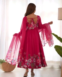SOFT ORGANJA SILK FABRIC FULLY FLAIR KALI PATTERN AND CANVAS PATTA WITH DUPPTA SET• NKB-25 - Dark pink, M