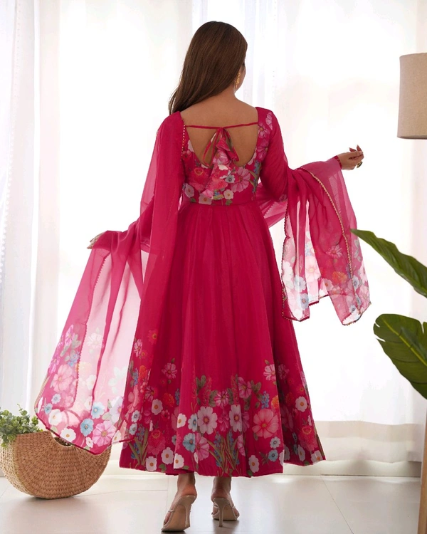 SOFT ORGANJA SILK FABRIC FULLY FLAIR KALI PATTERN AND CANVAS PATTA WITH DUPPTA SET• NKB-25 - Dark pink, M