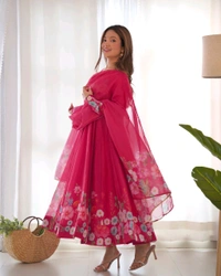 SOFT ORGANJA SILK FABRIC FULLY FLAIR KALI PATTERN AND CANVAS PATTA WITH DUPPTA SET• NKB-25 - Dark pink, M