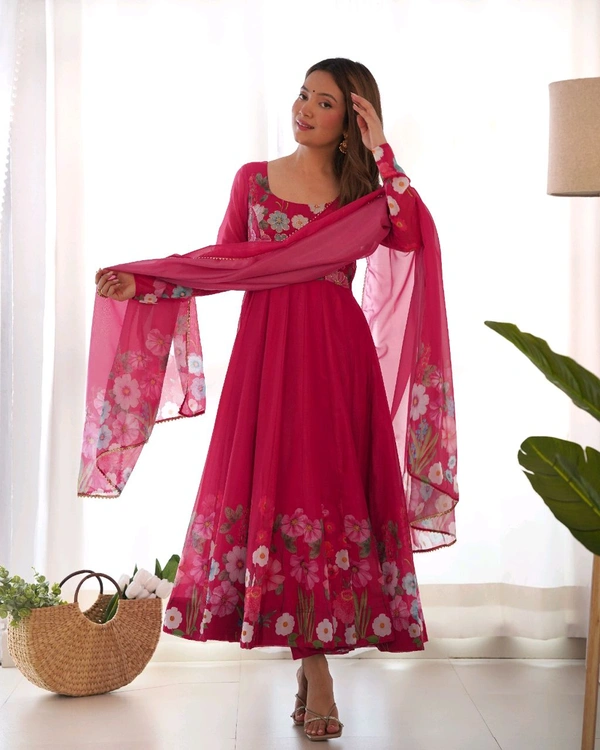 SOFT ORGANJA SILK FABRIC FULLY FLAIR KALI PATTERN AND CANVAS PATTA WITH DUPPTA SET• NKB-25 - Dark pink, L