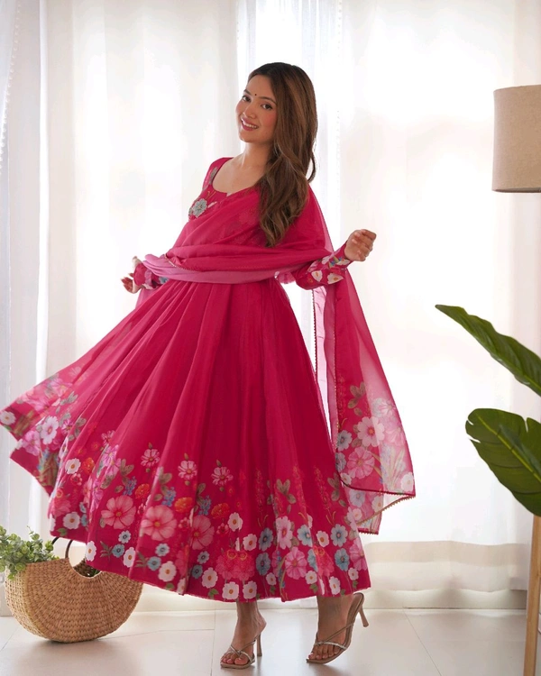 SOFT ORGANJA SILK FABRIC FULLY FLAIR KALI PATTERN AND CANVAS PATTA WITH DUPPTA SET• NKB-25 - Dark pink, L