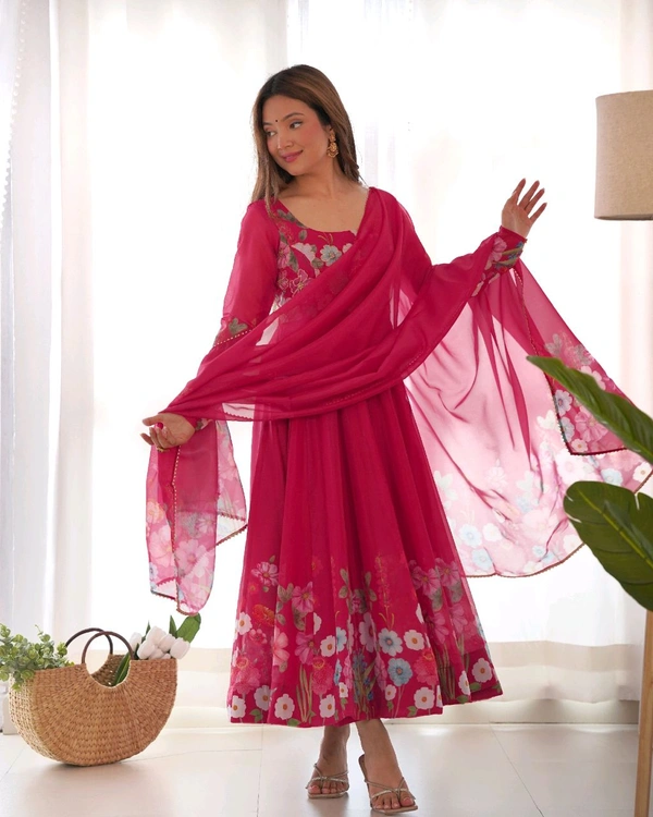 SOFT ORGANJA SILK FABRIC FULLY FLAIR KALI PATTERN AND CANVAS PATTA WITH DUPPTA SET• NKB-25 - Dark pink, L