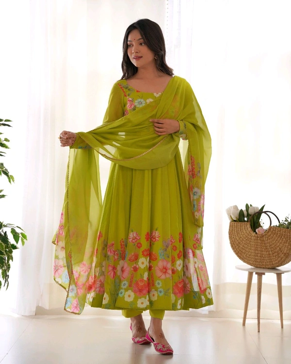 SOFT ORGANJA SILK FABRIC FULLY FLAIR KALI PATTERN AND CANVAS PATTA WITH DUPPTA SET• NKB-25 - Chartreuse Yellow, L