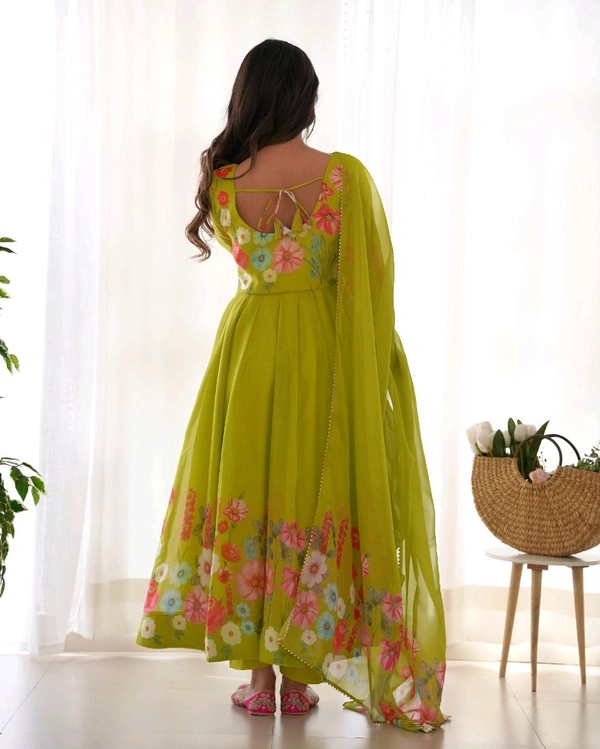 SOFT ORGANJA SILK FABRIC FULLY FLAIR KALI PATTERN AND CANVAS PATTA WITH DUPPTA SET• NKB-25 - Chartreuse Yellow, L