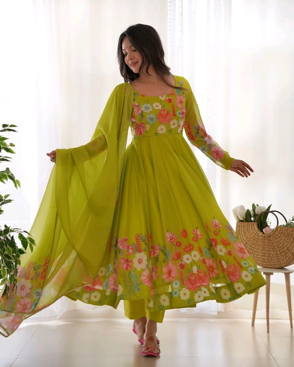 SOFT ORGANJA SILK FABRIC FULLY FLAIR KALI PATTERN AND CANVAS PATTA WITH DUPPTA SET• NKB-25 - Chartreuse Yellow, L