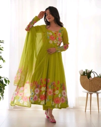 SOFT ORGANJA SILK FABRIC FULLY FLAIR KALI PATTERN AND CANVAS PATTA WITH DUPPTA SET• NKB-25 - Chartreuse Yellow, L