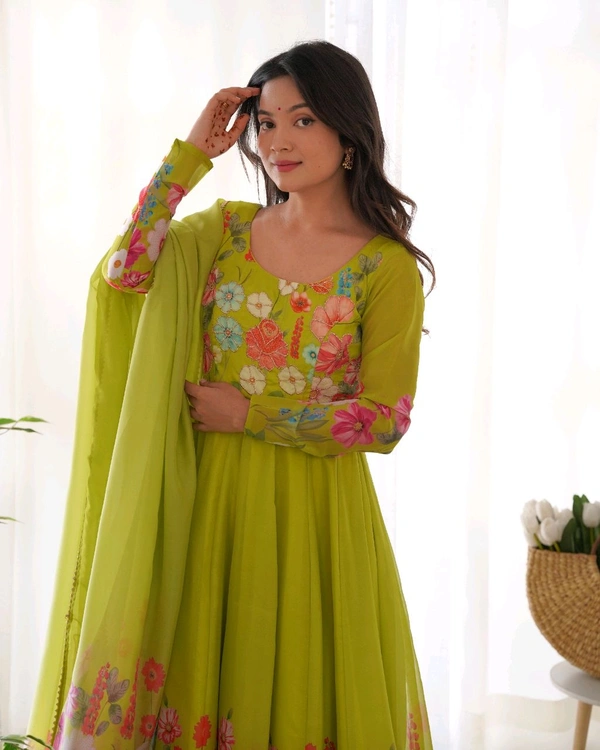 SOFT ORGANJA SILK FABRIC FULLY FLAIR KALI PATTERN AND CANVAS PATTA WITH DUPPTA SET• NKB-25 - Chartreuse Yellow, XL