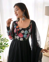 SOFT ORGANJA SILK FABRIC FULLY FLAIR KALI PATTERN AND CANVAS PATTA WITH DUPPTA SET• NKB-25 - Black, S
