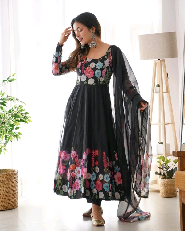 SOFT ORGANJA SILK FABRIC FULLY FLAIR KALI PATTERN AND CANVAS PATTA WITH DUPPTA SET• NKB-25 - Black, S