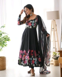 SOFT ORGANJA SILK FABRIC FULLY FLAIR KALI PATTERN AND CANVAS PATTA WITH DUPPTA SET• NKB-25 - Black, M