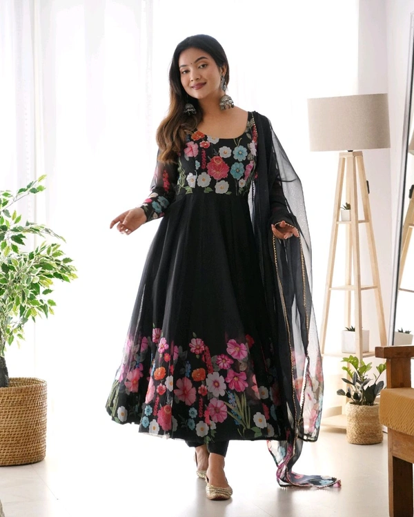SOFT ORGANJA SILK FABRIC FULLY FLAIR KALI PATTERN AND CANVAS PATTA WITH DUPPTA SET• NKB-25 - Black, XL