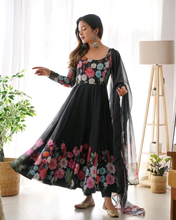 SOFT ORGANJA SILK FABRIC FULLY FLAIR KALI PATTERN AND CANVAS PATTA WITH DUPPTA SET• NKB-25 - Black, XXL