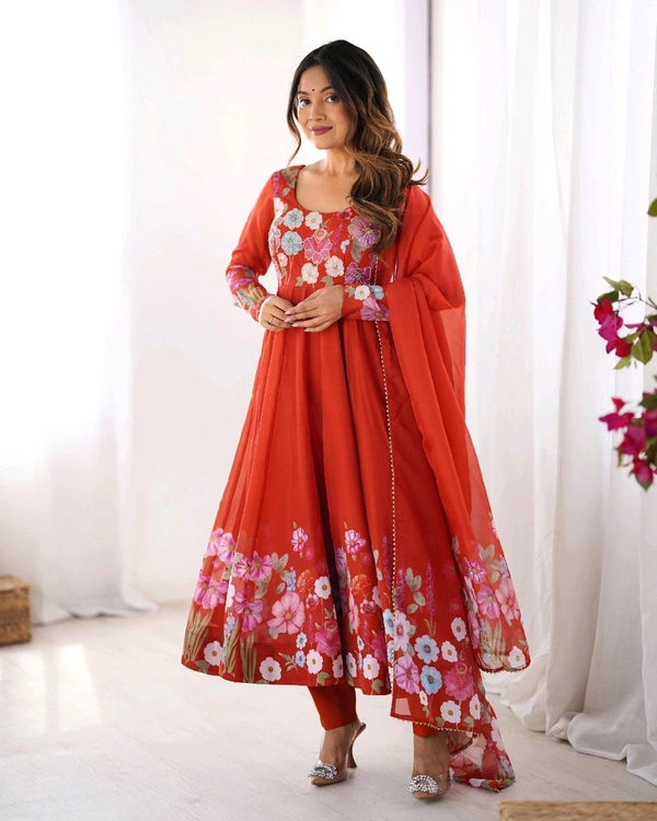 SOFT ORGANJA SILK FABRIC FULLY FLAIR KALI PATTERN AND CANVAS PATTA WITH DUPPTA SET• NKB-25 - Orange, M