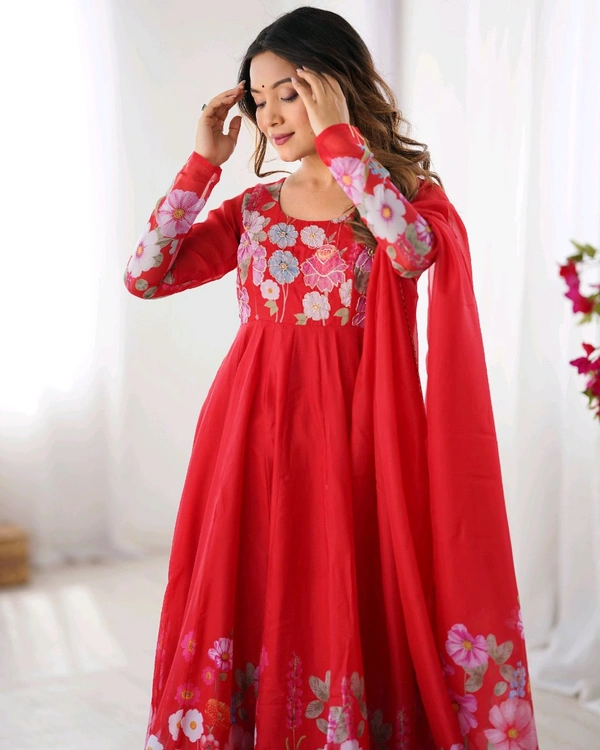 SOFT ORGANJA SILK FABRIC FULLY FLAIR KALI PATTERN AND CANVAS PATTA WITH DUPPTA SET• NKB-25 - Orange, M