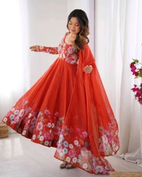 SOFT ORGANJA SILK FABRIC FULLY FLAIR KALI PATTERN AND CANVAS PATTA WITH DUPPTA SET• NKB-25 - Orange, M