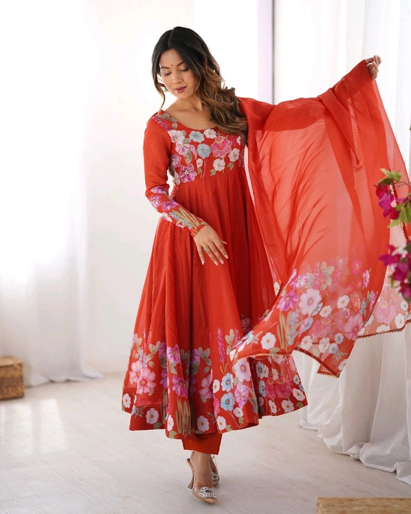 SOFT ORGANJA SILK FABRIC FULLY FLAIR KALI PATTERN AND CANVAS PATTA WITH DUPPTA SET• NKB-25 - Orange, XL