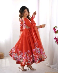 SOFT ORGANJA SILK FABRIC FULLY FLAIR KALI PATTERN AND CANVAS PATTA WITH DUPPTA SET• NKB-25 - Orange, XL