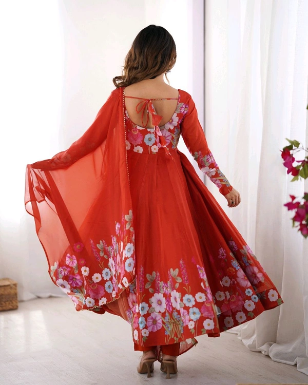 SOFT ORGANJA SILK FABRIC FULLY FLAIR KALI PATTERN AND CANVAS PATTA WITH DUPPTA SET• NKB-25 - Orange, XXL