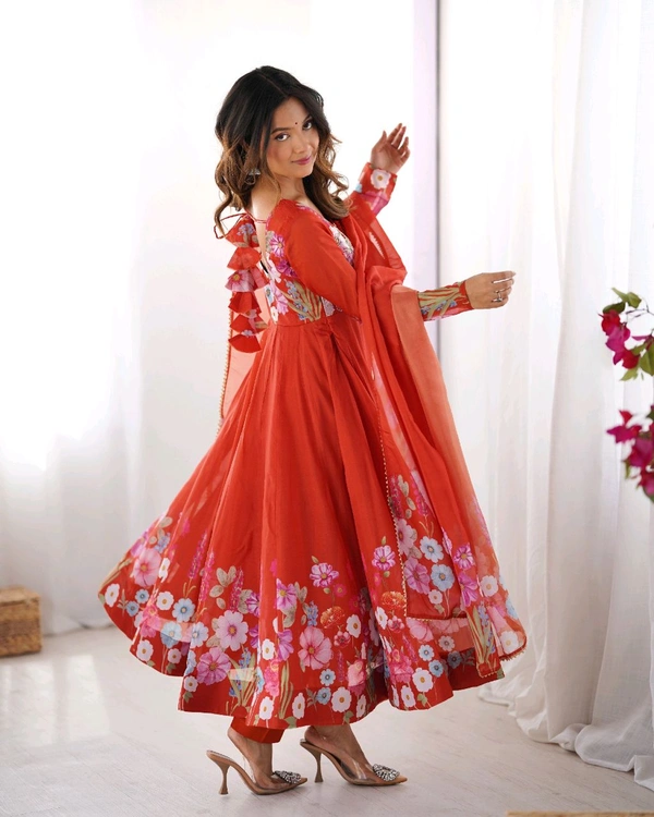 SOFT ORGANJA SILK FABRIC FULLY FLAIR KALI PATTERN AND CANVAS PATTA WITH DUPPTA SET• NKB-25 - Orange, XXL