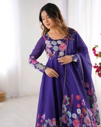 SOFT ORGANJA SILK FABRIC FULLY FLAIR KALI PATTERN AND CANVAS PATTA WITH DUPPTA SET• NKB-25 - Blue, L