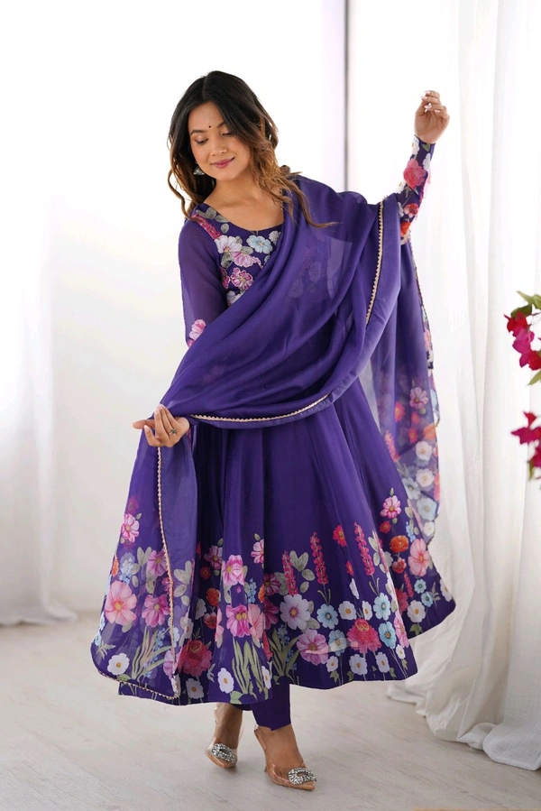 SOFT ORGANJA SILK FABRIC FULLY FLAIR KALI PATTERN AND CANVAS PATTA WITH DUPPTA SET• NKB-25 - Blue, XXL