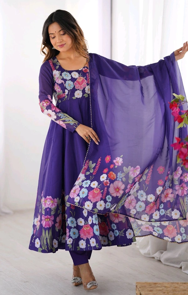 SOFT ORGANJA SILK FABRIC FULLY FLAIR KALI PATTERN AND CANVAS PATTA WITH DUPPTA SET• NKB-25 - Blue, XXL