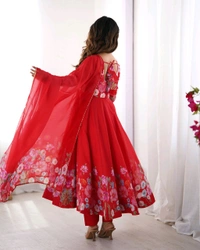 SOFT ORGANJA SILK FABRIC FULLY FLAIR KALI PATTERN AND CANVAS PATTA WITH DUPPTA SET• NKB-25 - Red, L