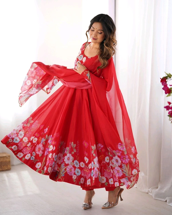 SOFT ORGANJA SILK FABRIC FULLY FLAIR KALI PATTERN AND CANVAS PATTA WITH DUPPTA SET• NKB-25 - Red, L