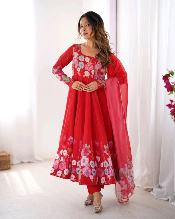 SOFT ORGANJA SILK FABRIC FULLY FLAIR KALI PATTERN AND CANVAS PATTA WITH DUPPTA SET• NKB-25 - Red, XL