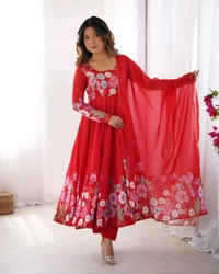 SOFT ORGANJA SILK FABRIC FULLY FLAIR KALI PATTERN AND CANVAS PATTA WITH DUPPTA SET• NKB-25 - Red, XL