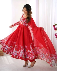 SOFT ORGANJA SILK FABRIC FULLY FLAIR KALI PATTERN AND CANVAS PATTA WITH DUPPTA SET• NKB-25 - Red, XL