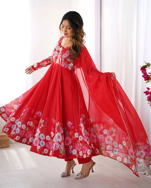SOFT ORGANJA SILK FABRIC FULLY FLAIR KALI PATTERN AND CANVAS PATTA WITH DUPPTA SET• NKB-25 - Red, XL