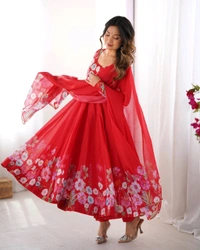 SOFT ORGANJA SILK FABRIC FULLY FLAIR KALI PATTERN AND CANVAS PATTA WITH DUPPTA SET• NKB-25 - Red, XXL