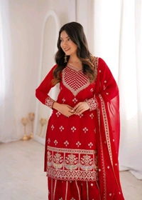 PURE FOX GEORGETTE FABRIC TOP WITH DUPATTA SET,SHARARA READY TO WEAR• NKB-77 - Red, S