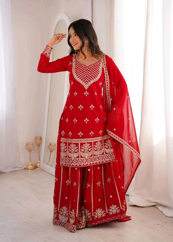 PURE FOX GEORGETTE FABRIC TOP WITH DUPATTA SET,SHARARA READY TO WEAR• NKB-77 - Red, M